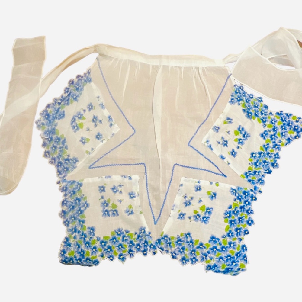 1950’s Mid Century Vintage Sheer Floral Half Apron, White w/ Blue & Green, OSFM